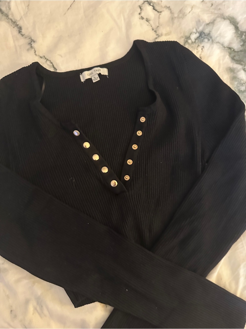 Love Tree Black Ribbed Long Sleeve Henley Top with Gold Buttons